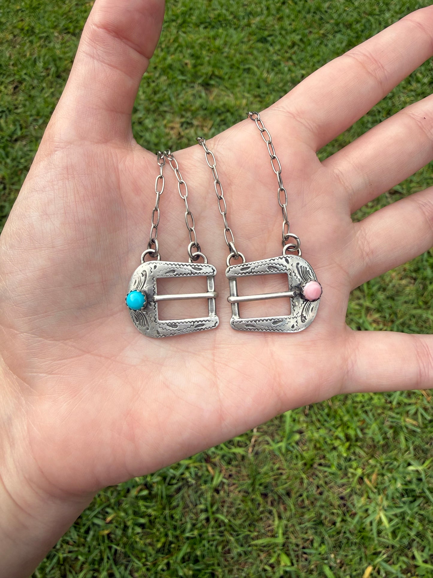 Native Turquoise or Pink Conch Belt Buckle Sterling Silver Necklace