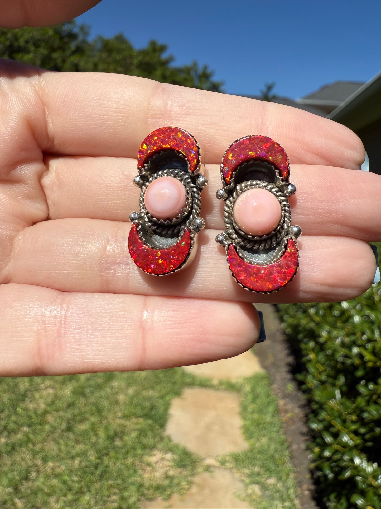 Pink Conch And Red Balloon Opal Moon Sterling Silver Stud Earring