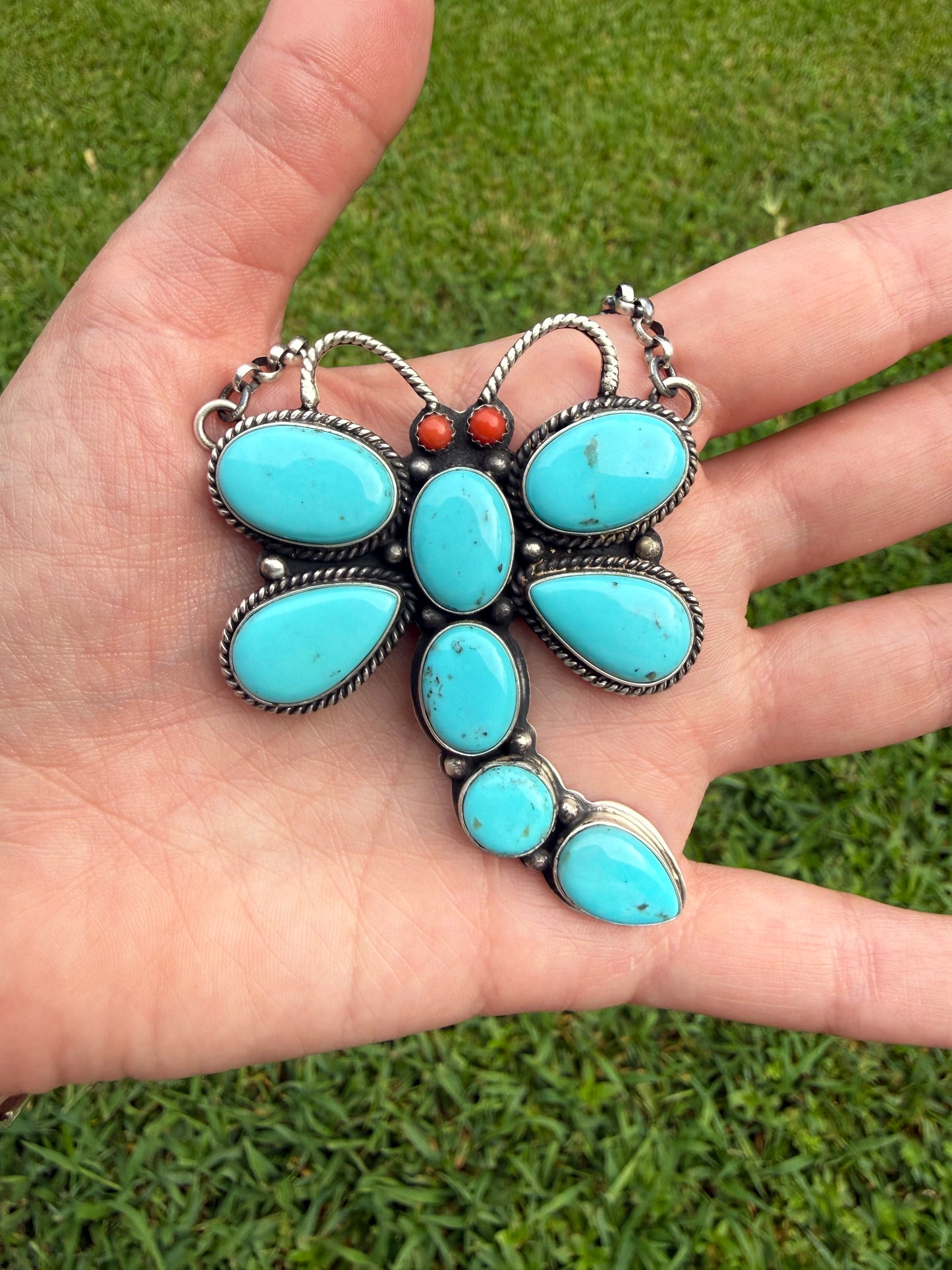 Turquoise and Coral Dragonfly Sterling Silver Statement Necklace