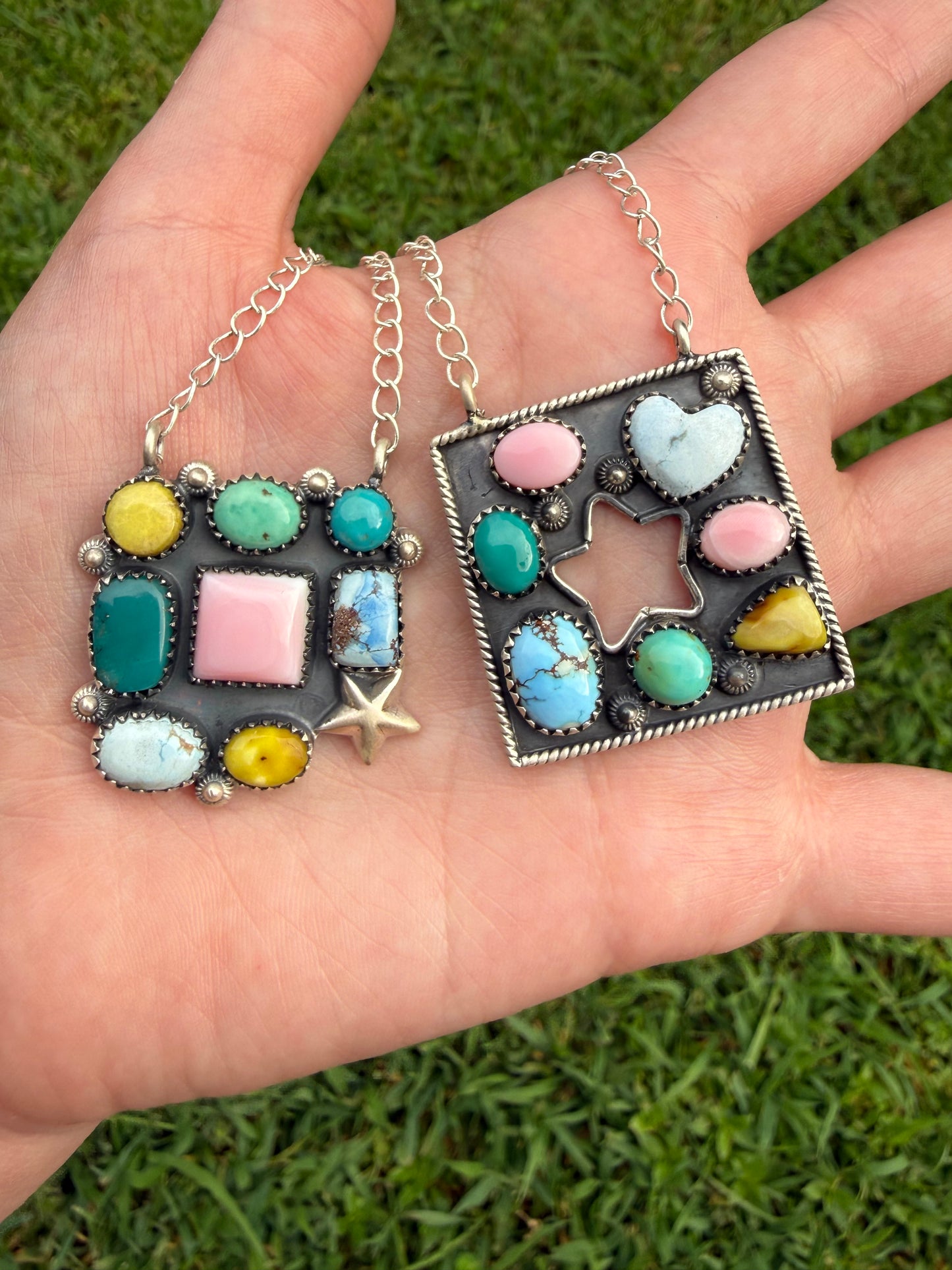 Multi Stone Star Cluster Square Sterling Silver Pendant