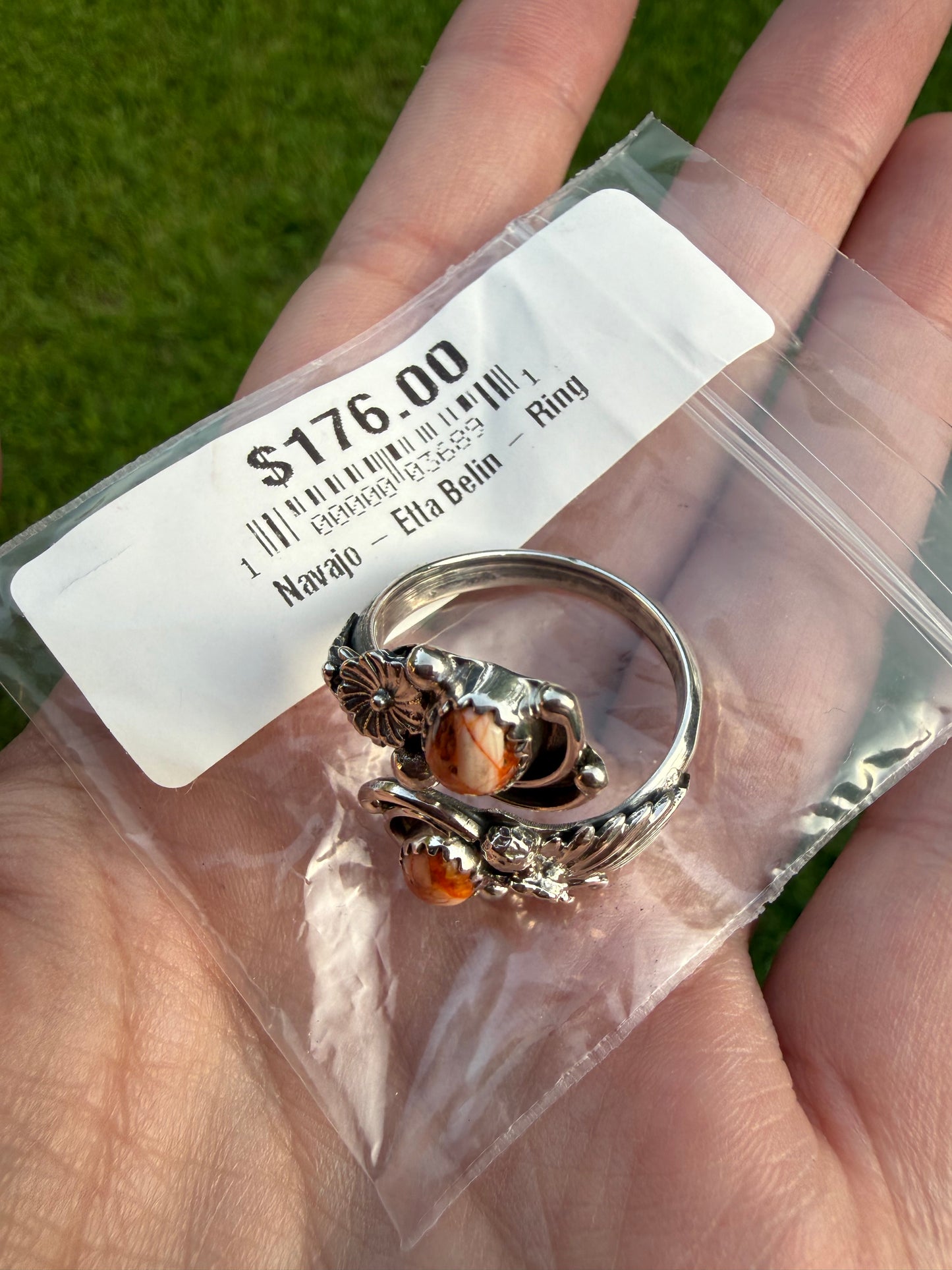 Navajo Orange Spiny Double Stone Sterling Silver Floater Ring