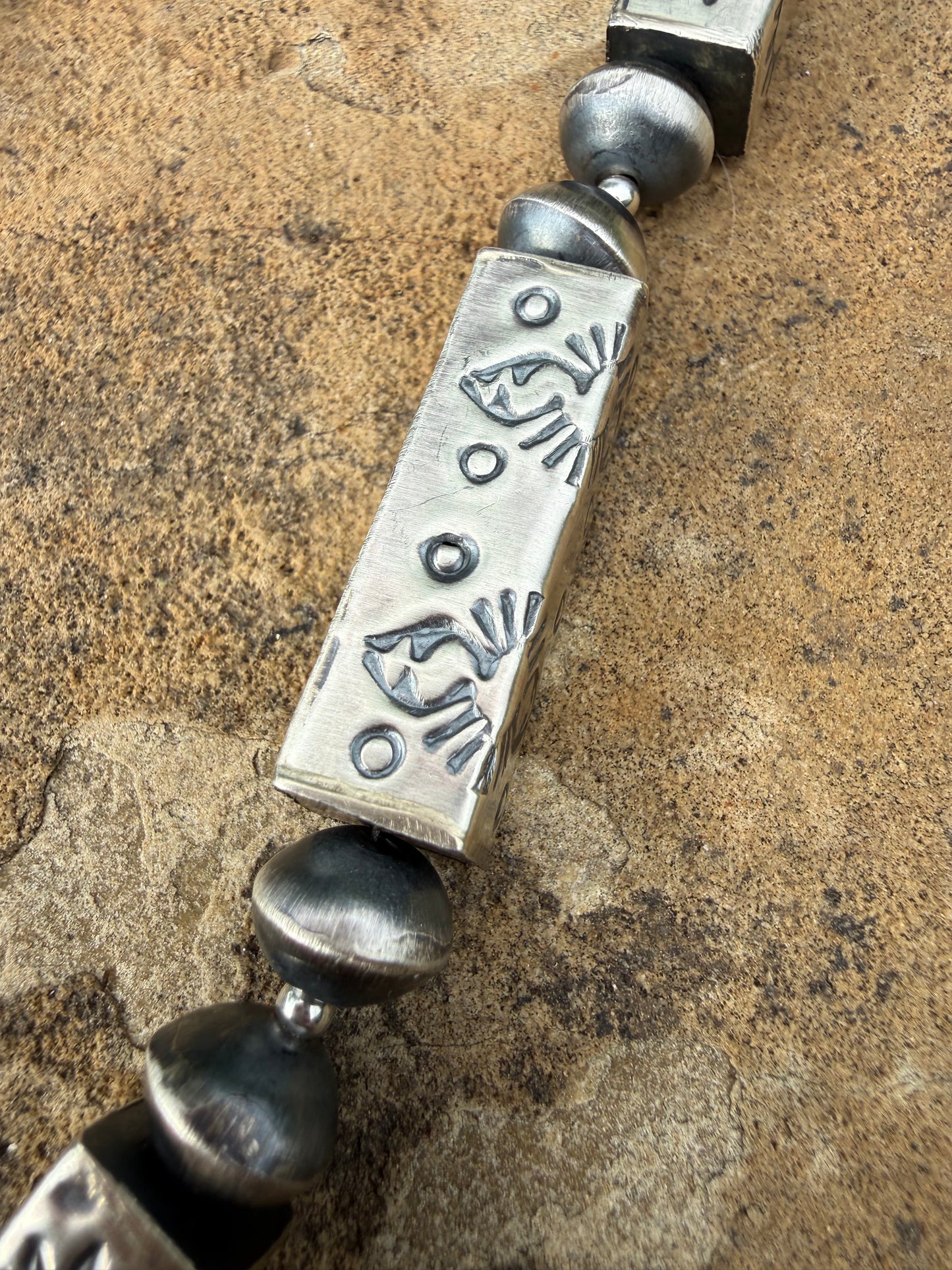 Native Navajo Pearl Sterling Silver 36 Inch Stamped Necklace By Sofia Becenti