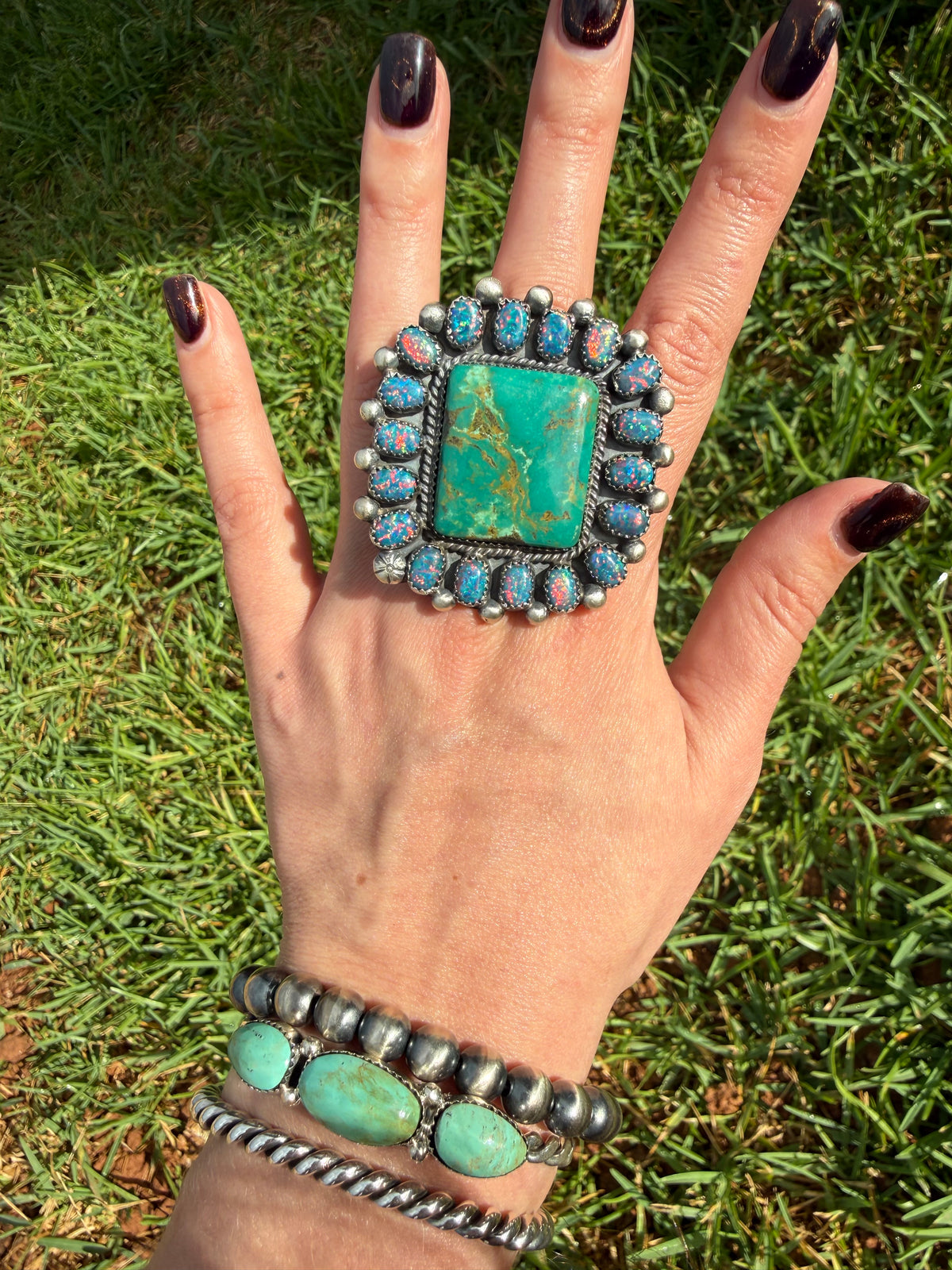 Navajo Turquoise and Balloon Opal Big Mama Square Sterling Silver Adjustable Statement Ring