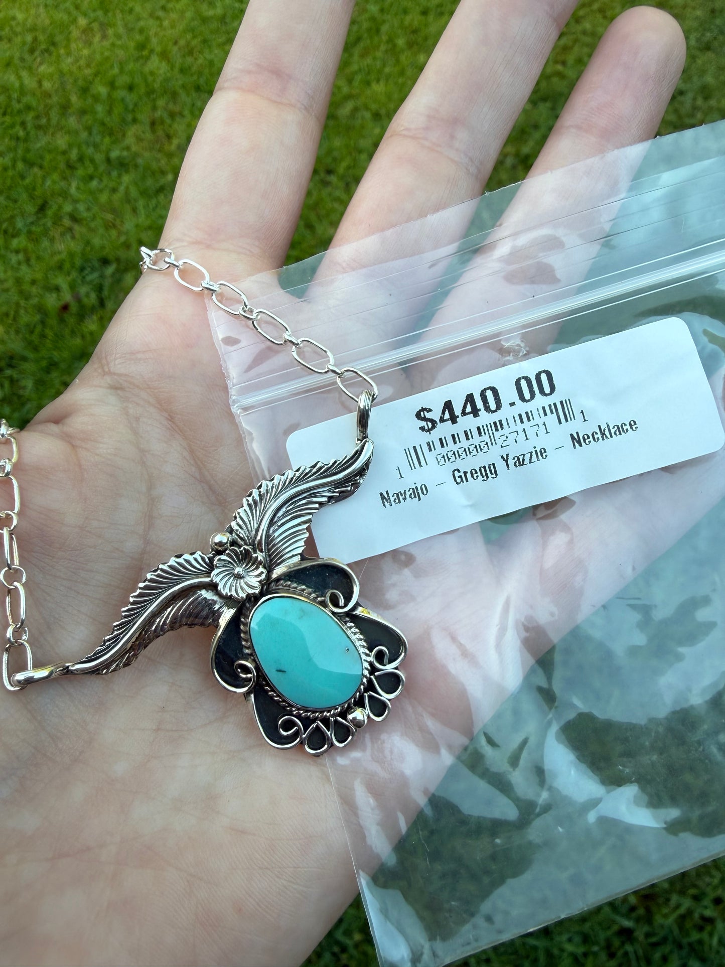 Navajo Turquoise Flower and Leaf Accent Sterling Silver Bar Necklace