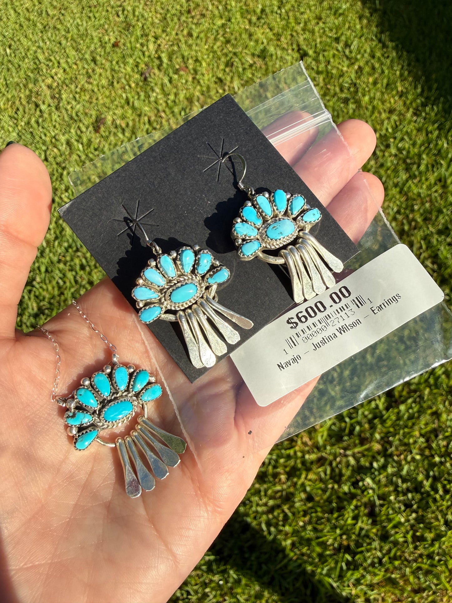 Navajo Turquoise Half Flower Cluster Sterling Silver Earrings or Necklace