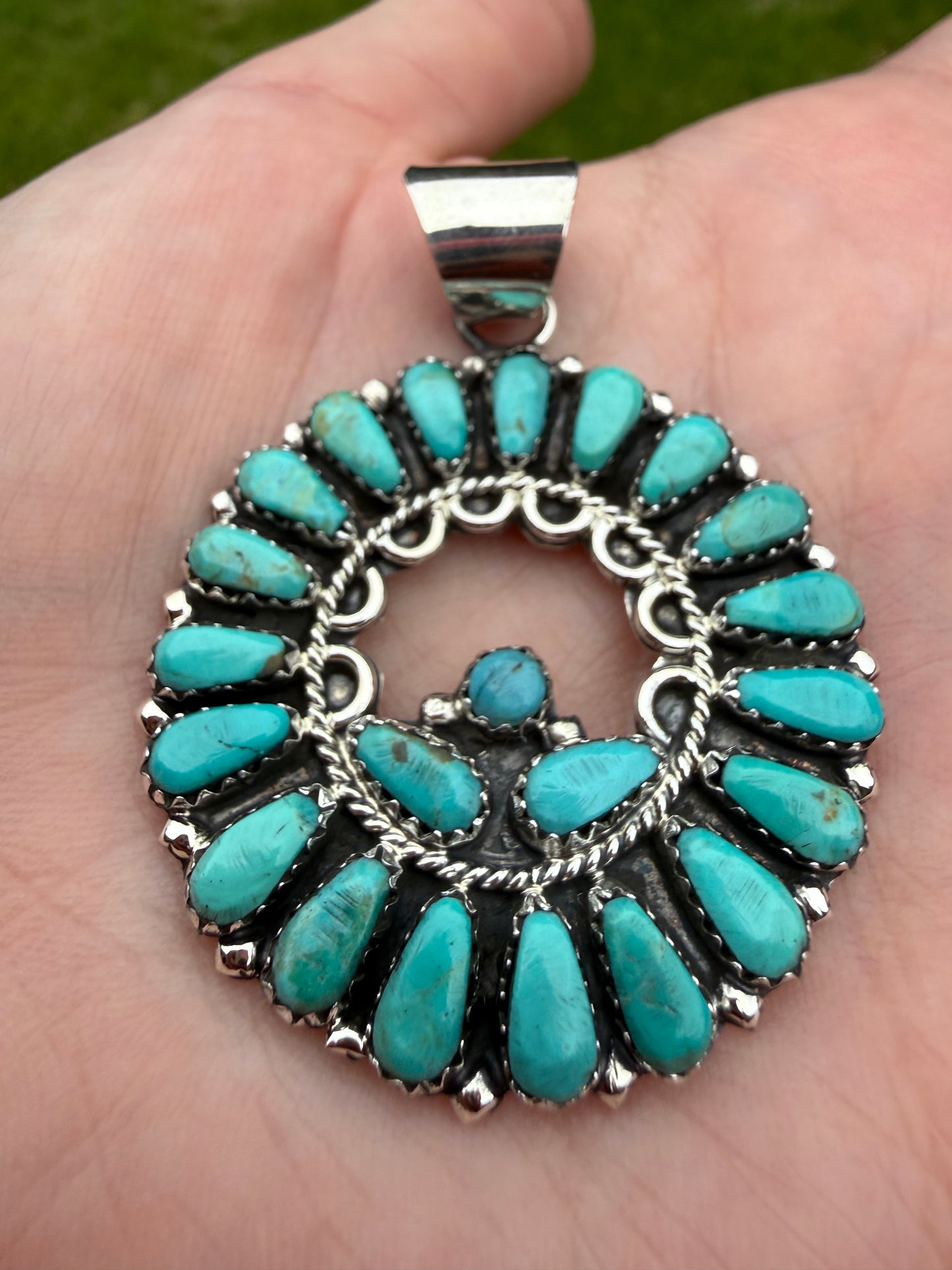 Navajo Native Turquoise Circle Cluster Sterling Silver Pendant