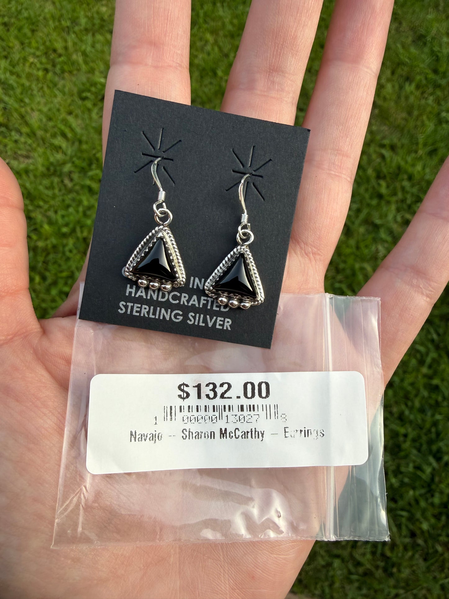 Navajo Black Onyx Triangle Dangle Sterling Silver Earrings