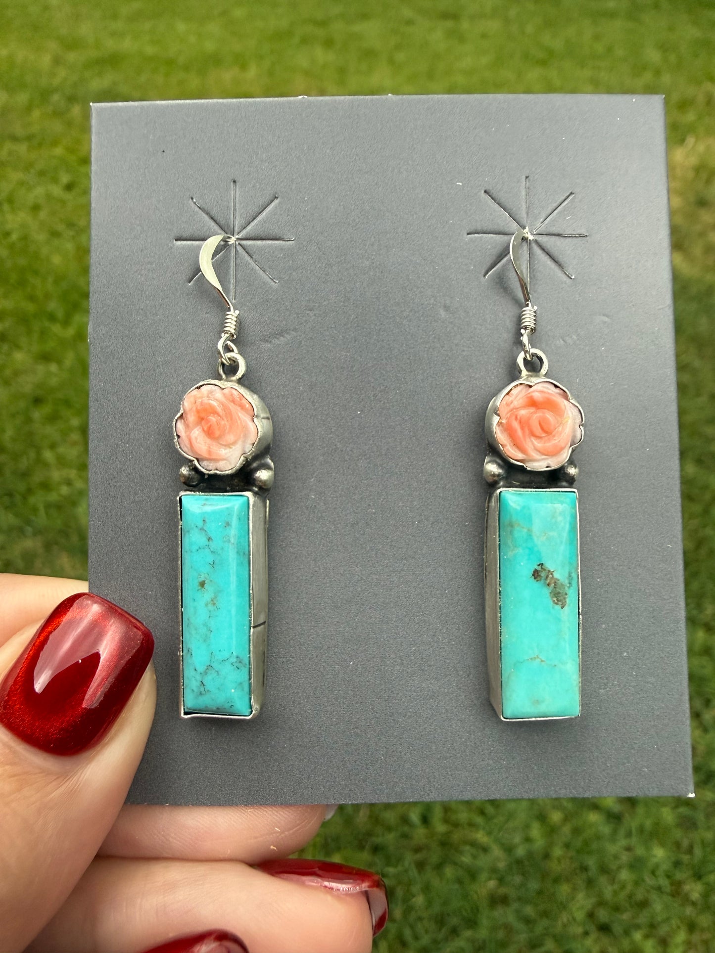 Navajo Pink Conch Rose and Turquoise Bar Sterling Silver Earrings