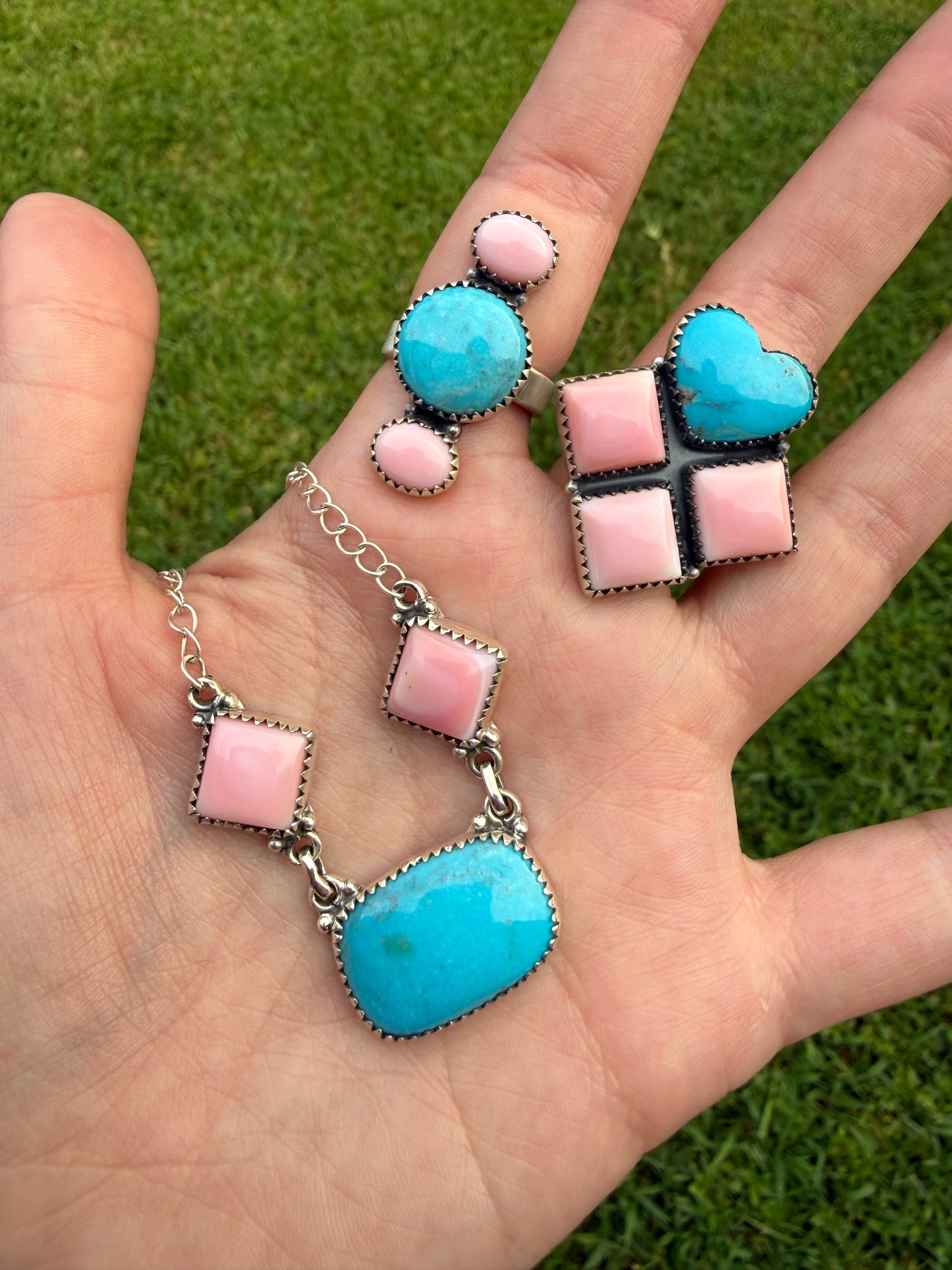 Pink Conch And Kingman Turquoise Necklace or Adjustable Ring