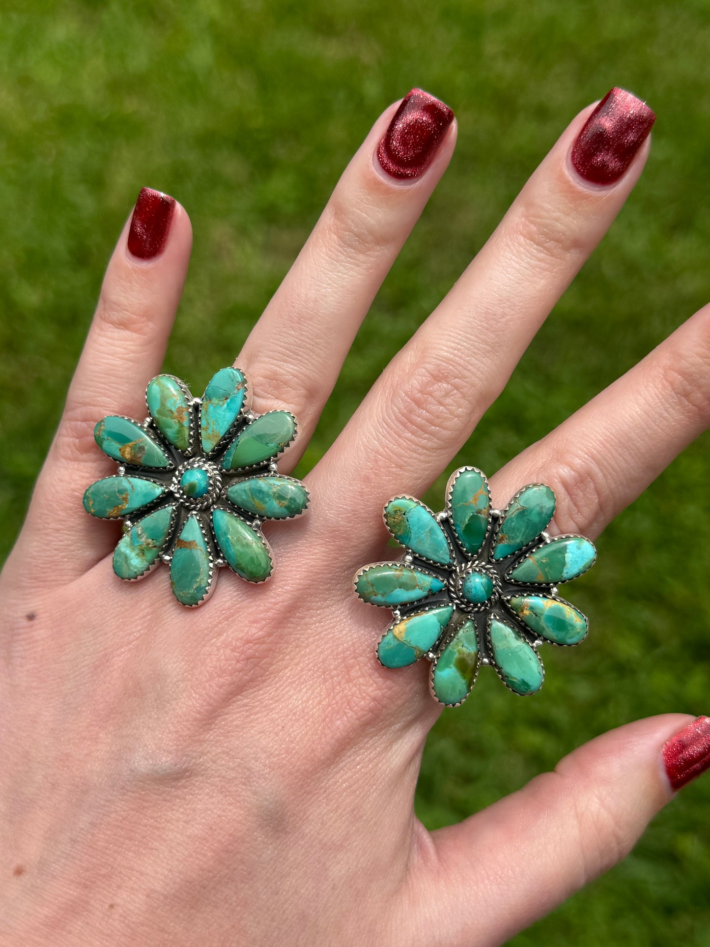 Kingman Turquoise Big Full Flower Sterling Silver Adjustable Ring