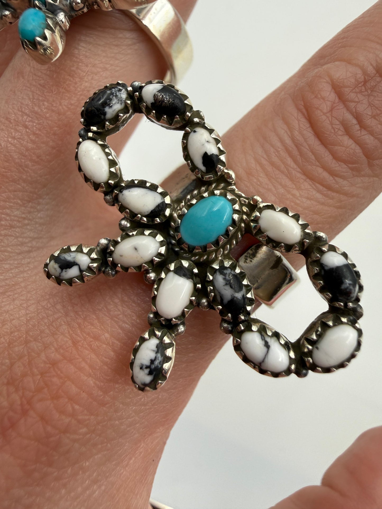 Turquoise and Multi Stone Bow Sterling Silver Adjustable Ring