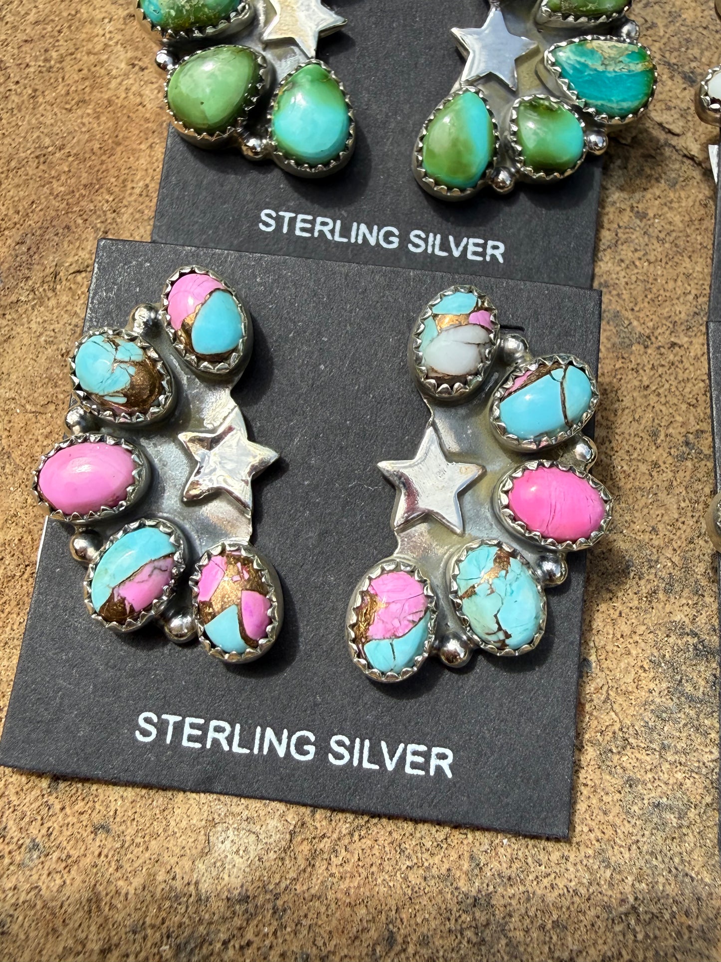 Turquoise Star and Multi Stone Half Cluster Sterling Silver Earrings