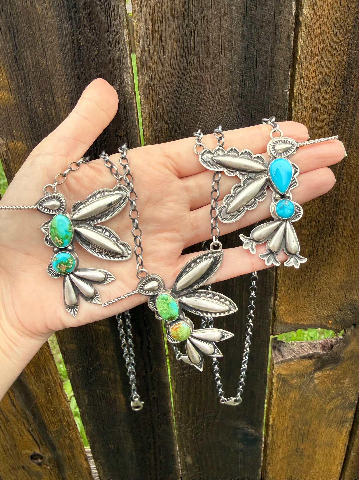 Navajo Turquoise Hummingbird Sterling Silver Necklace By Charles Johnson