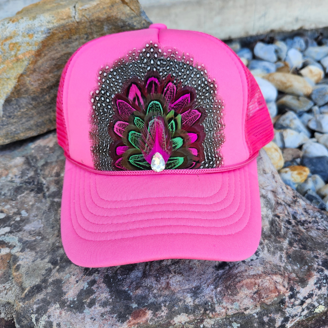 Hot Pink Feather Trucker Hat Feather Crown Hat