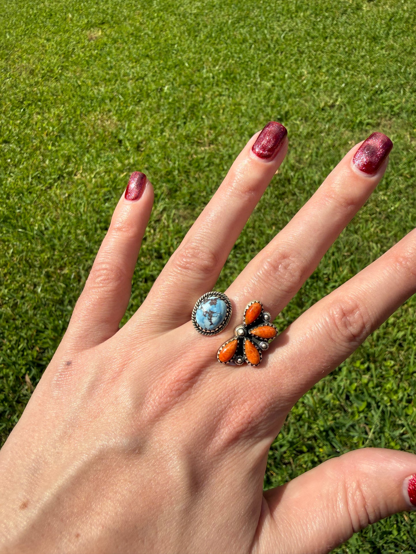 Golden Hills Turquoise and Orange Mojave Half Flower Floater Sterling Silver Ring