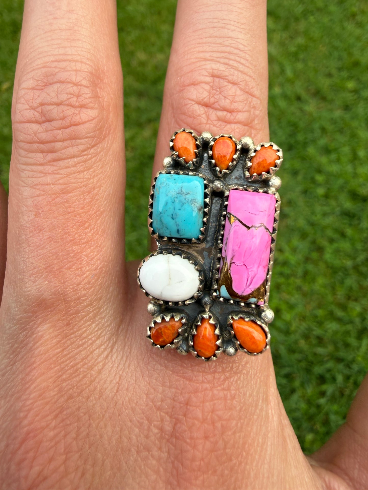 Kingman, Cotton Candy Turquoise, or Orange Mojave Sterling Silver Adjustable Ring