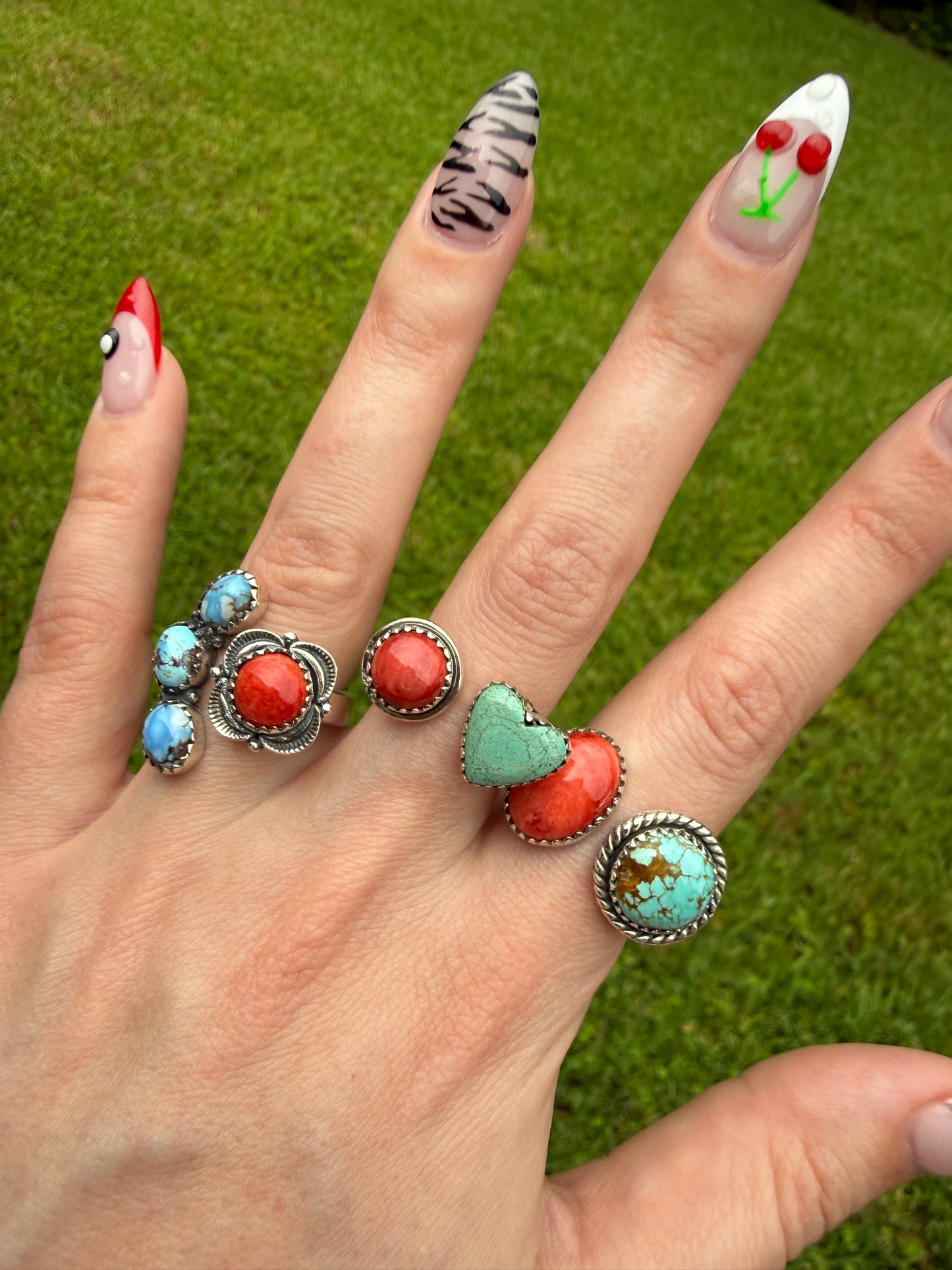 Red Spiny and Turquoise Floater Sterling Silver Rings