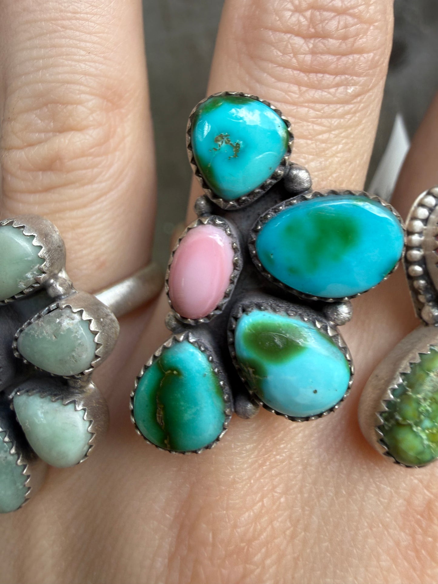 Pink Conch Multi Stone Half Cluster Sterling Silver Adjustable Ring