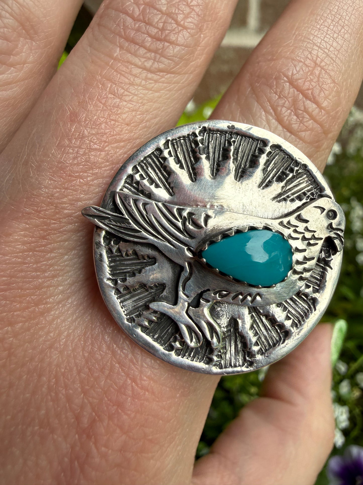 Bird with Turquoise Coin Style Sterling Silver Ring - Size 7.5