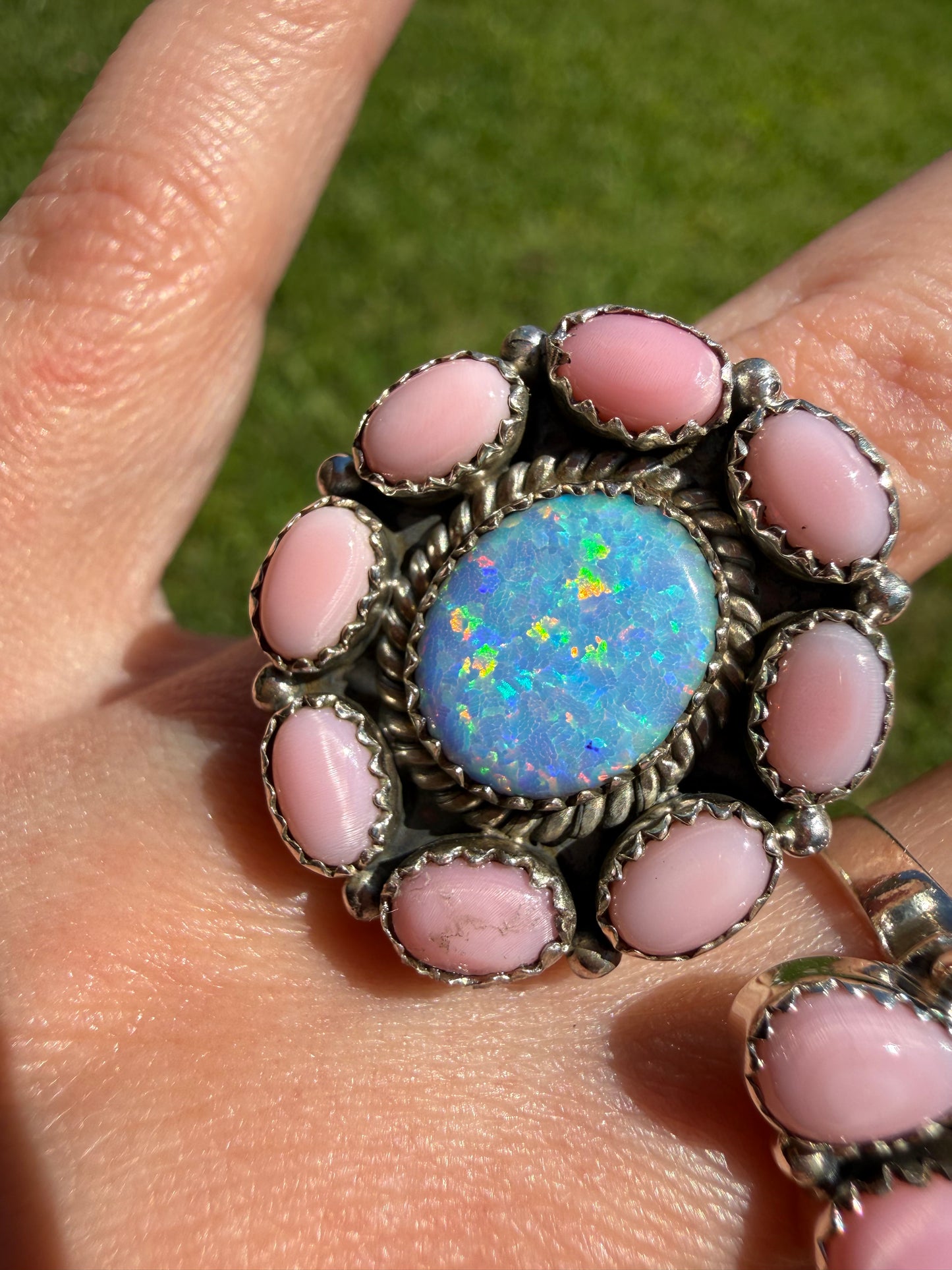 Pink Conch and Balloon Opal Sterling Silver Adjustable Rings