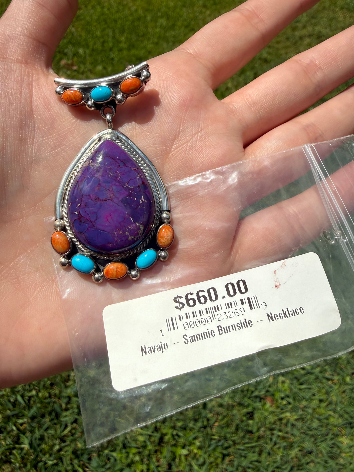 Navajo Purple Mojave Orange Mojave and Turquoise Tear Drop Sterling Silver Necklace