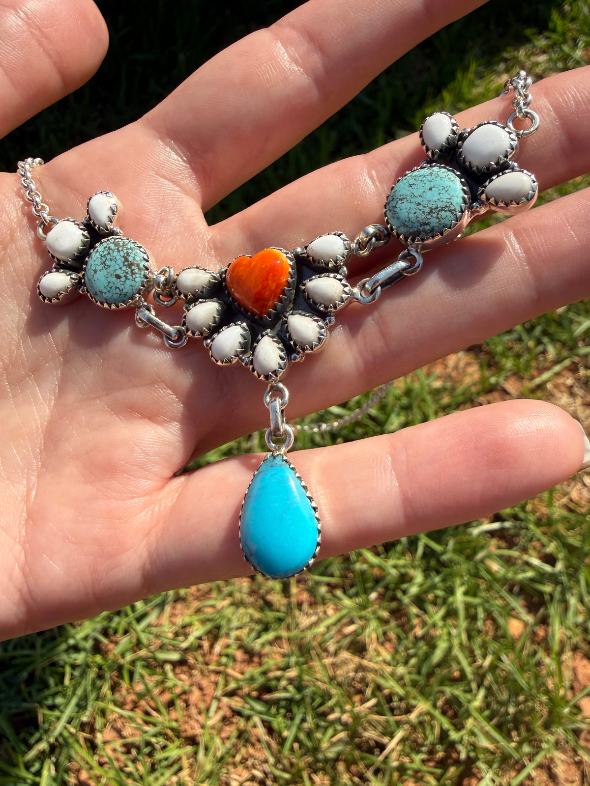 Orange Spiny, White Buffalo and Turquoise Multi Stone Heart Half Cluster Choker Necklace