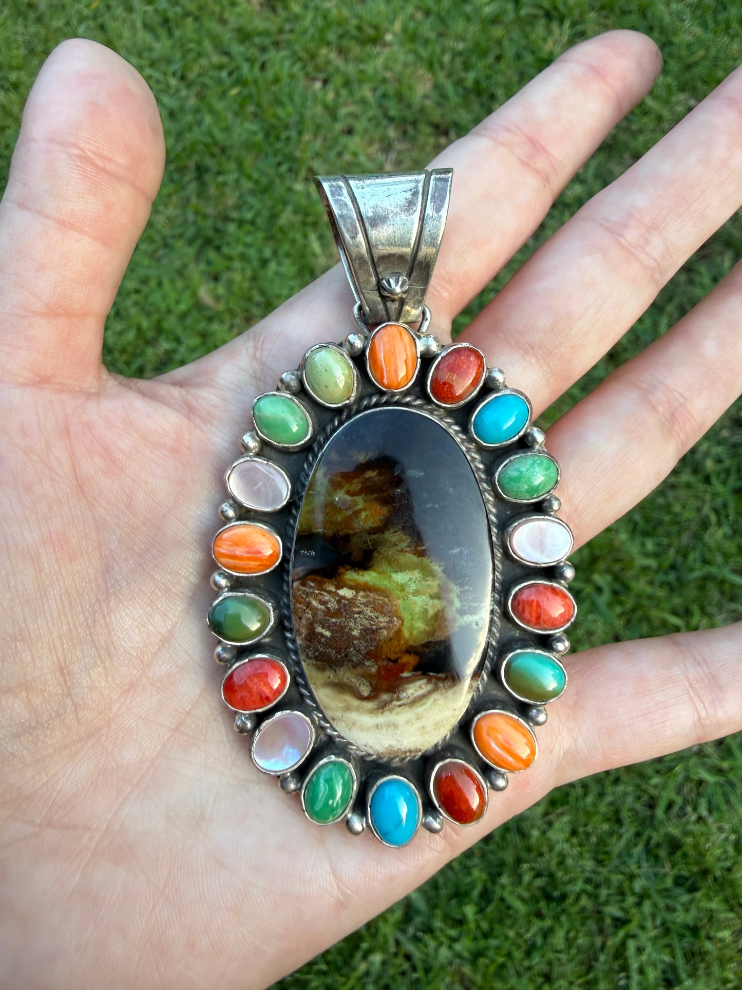 Navajo Rainbow Multi Stone Sterling Silver Pendant
