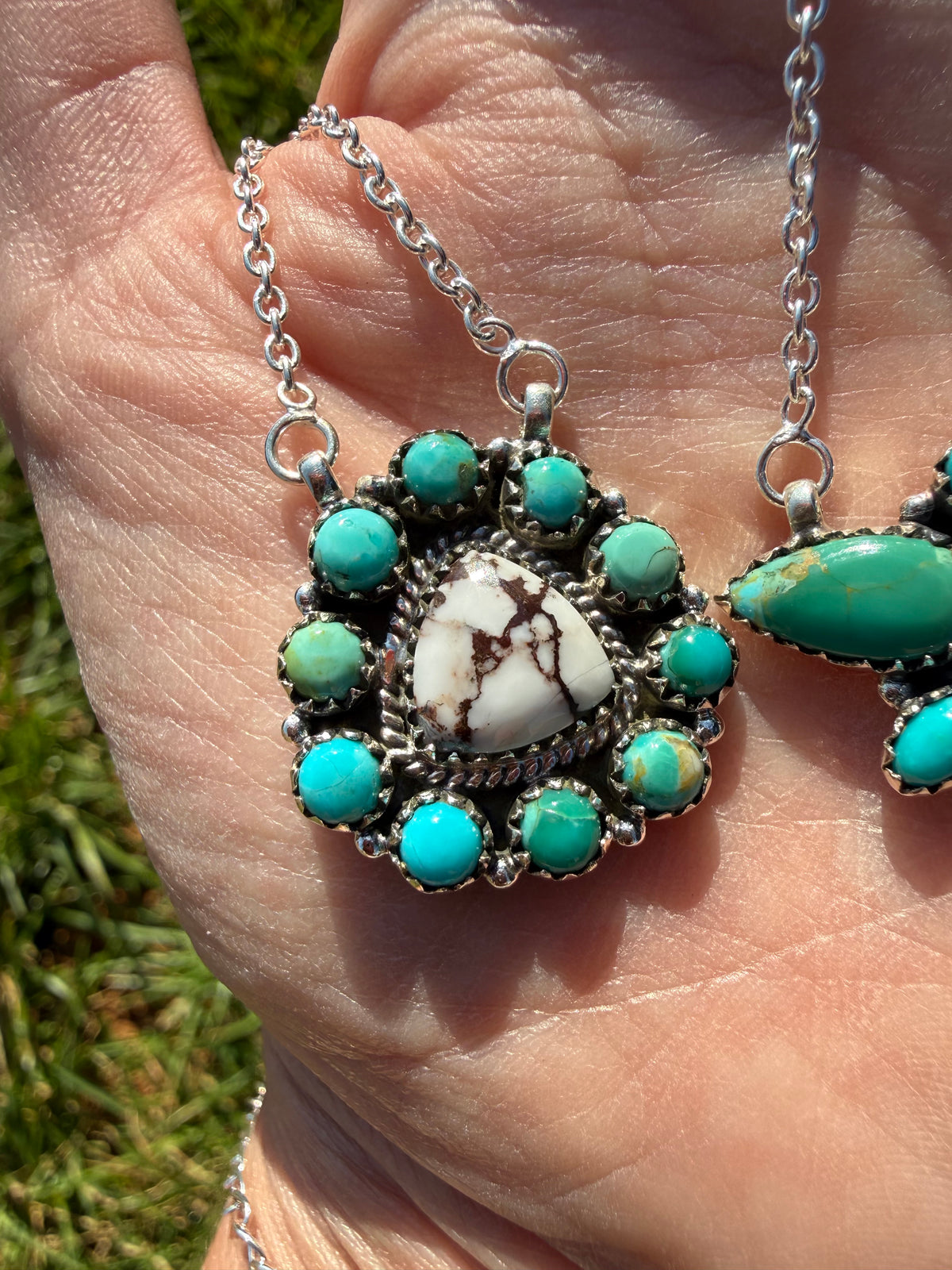 Kingman Turquoise and Wild Horse Cluster Sterling Silver Necklace or Bracelet