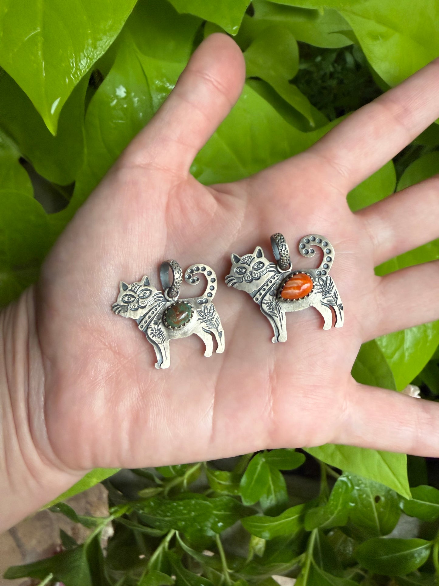 Turquoise or Orange Spiny Cat Sterling Silver Pendant