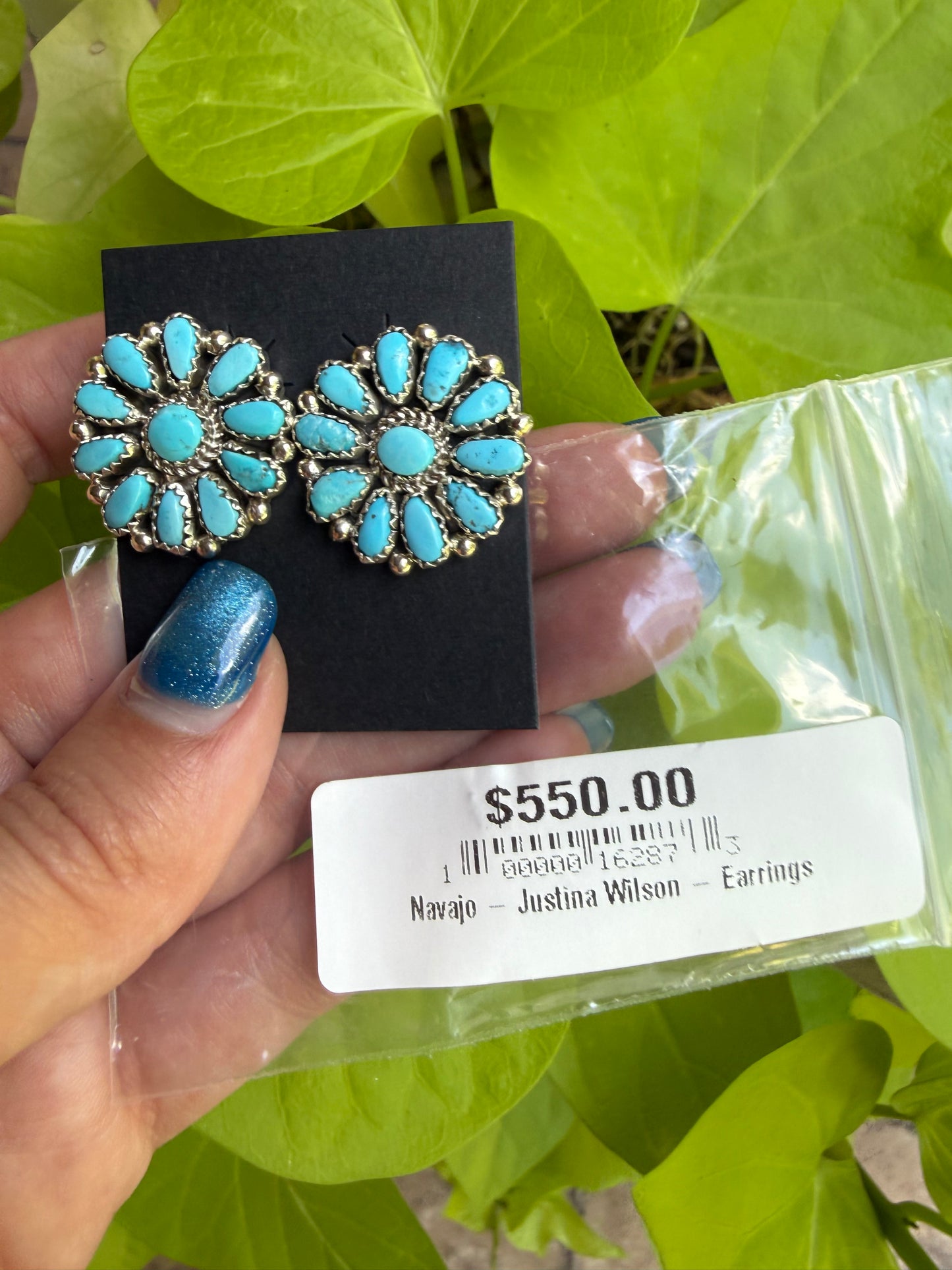 Navajo Turquoise Full Flower Cluster Sterling Silver Earrings