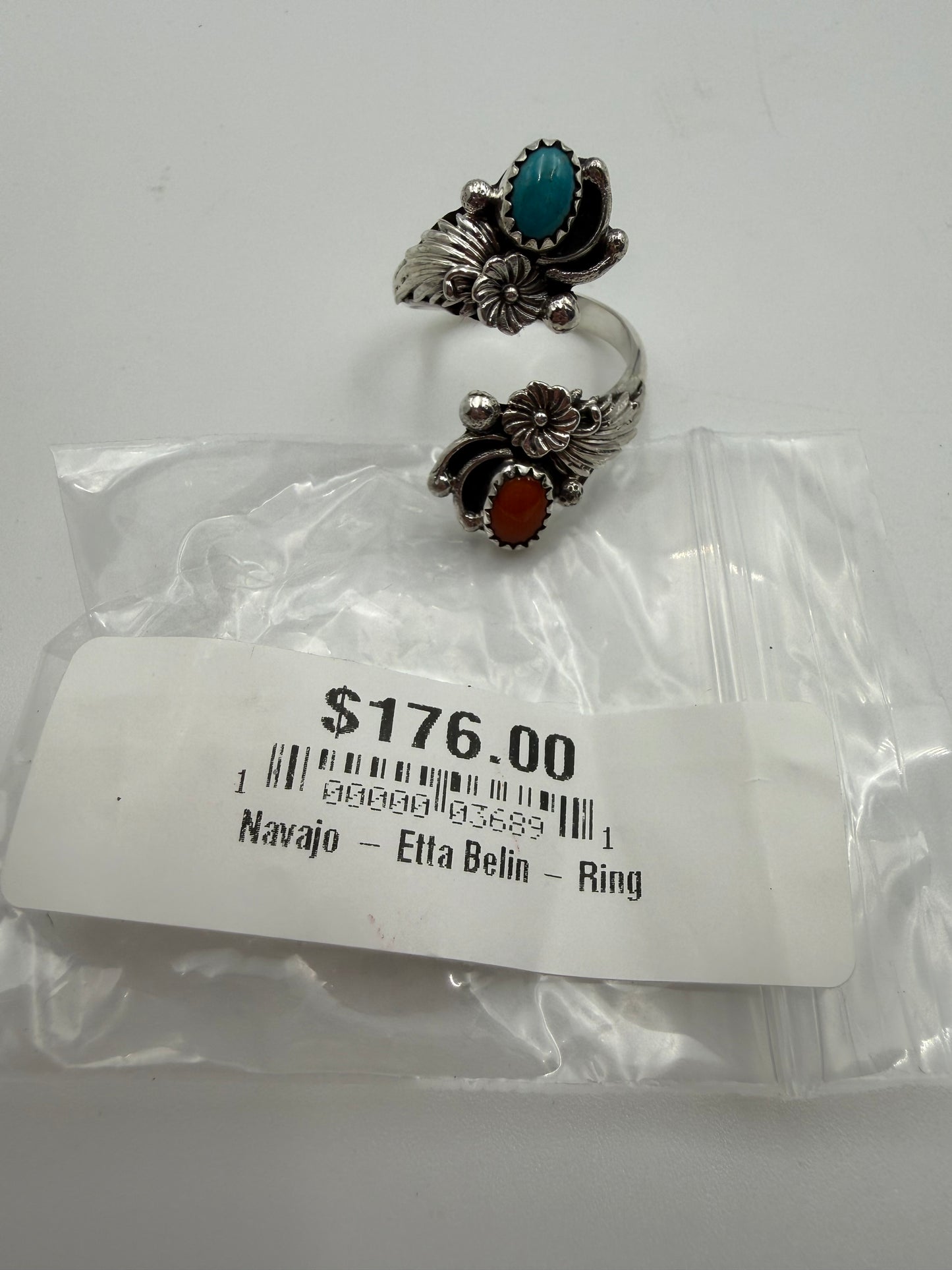 Navajo Turquoise and Coral Flower Floater Bypass Ring