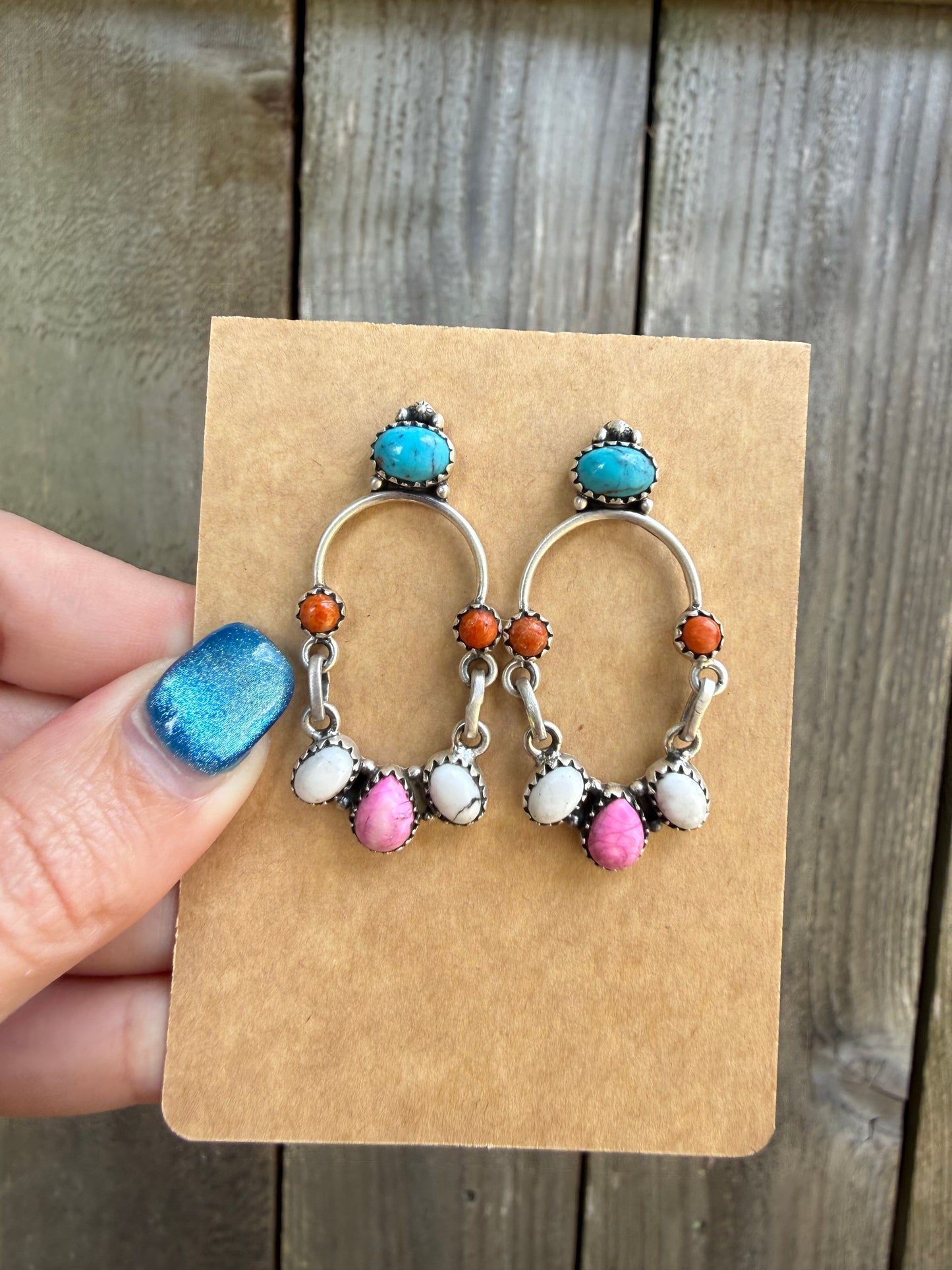 Turquoise Orange Mojave and Cotton Candy Unique Oval Earrings