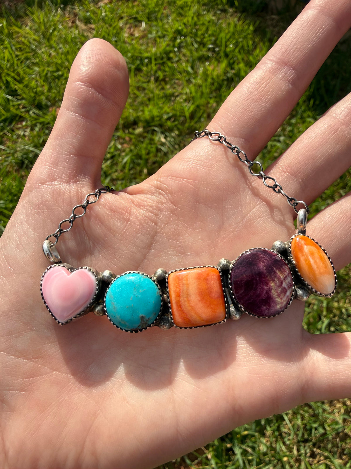 Navajo Multi Stone Cluster Bar Sterling Silver Necklace