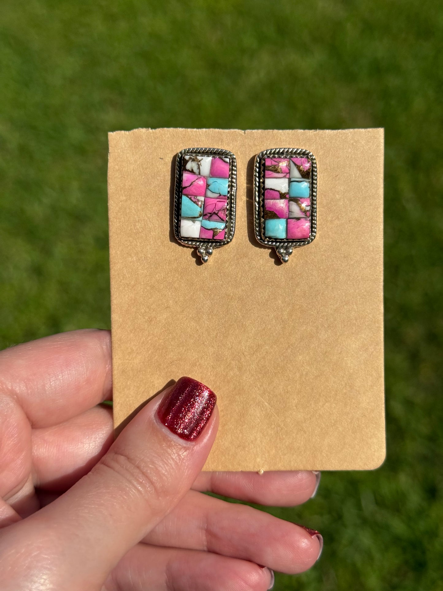 Cotton Candy Turquoise Cobblestone Bar Stud Earring
