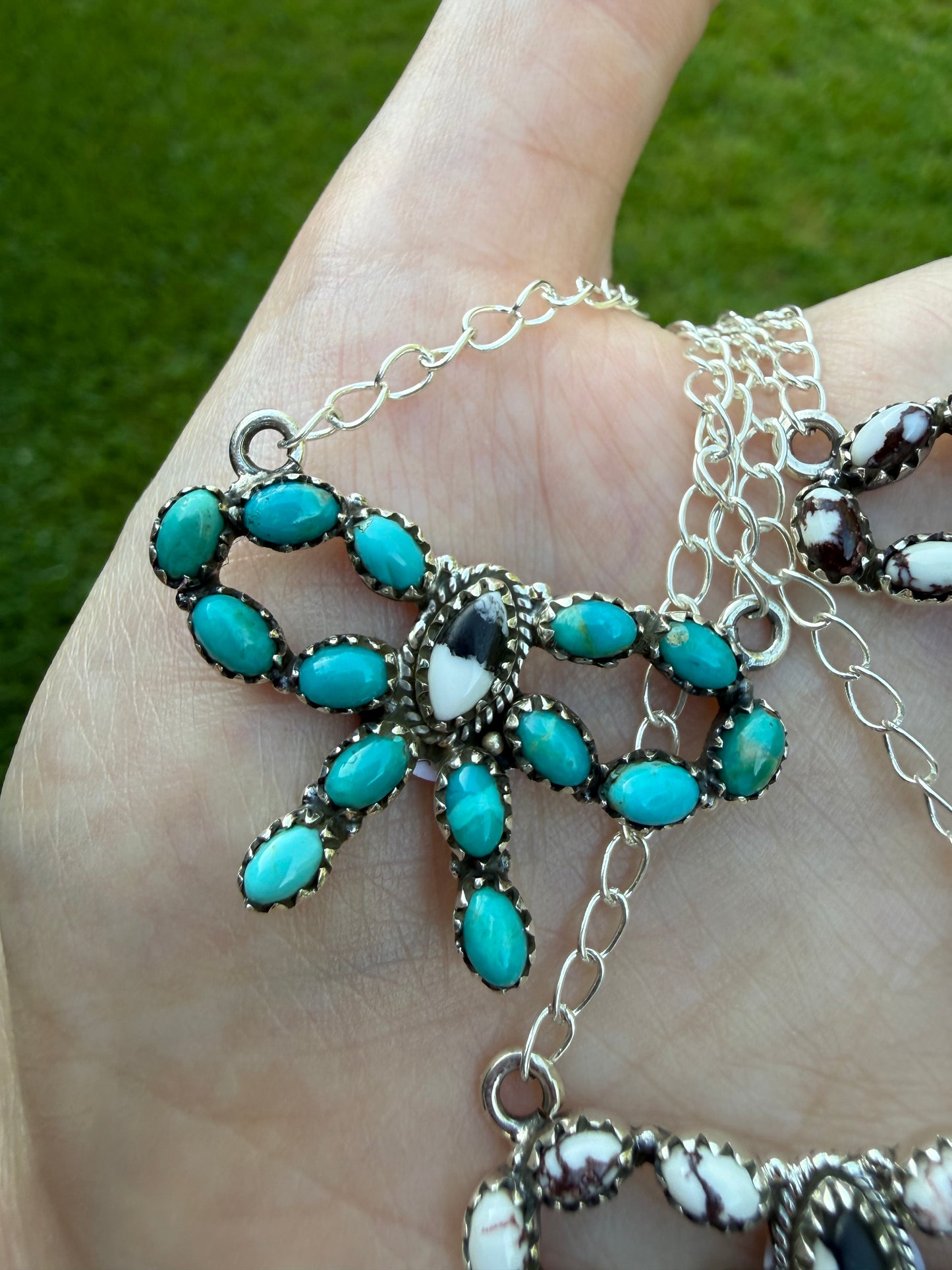 Turquoise and Multi Stone Bow Sterling Silver Necklace
