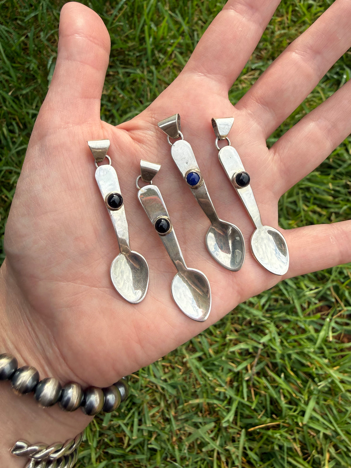 Navajo Spoon Black Onyx or Blue Lapis Sterling Silver Pendant