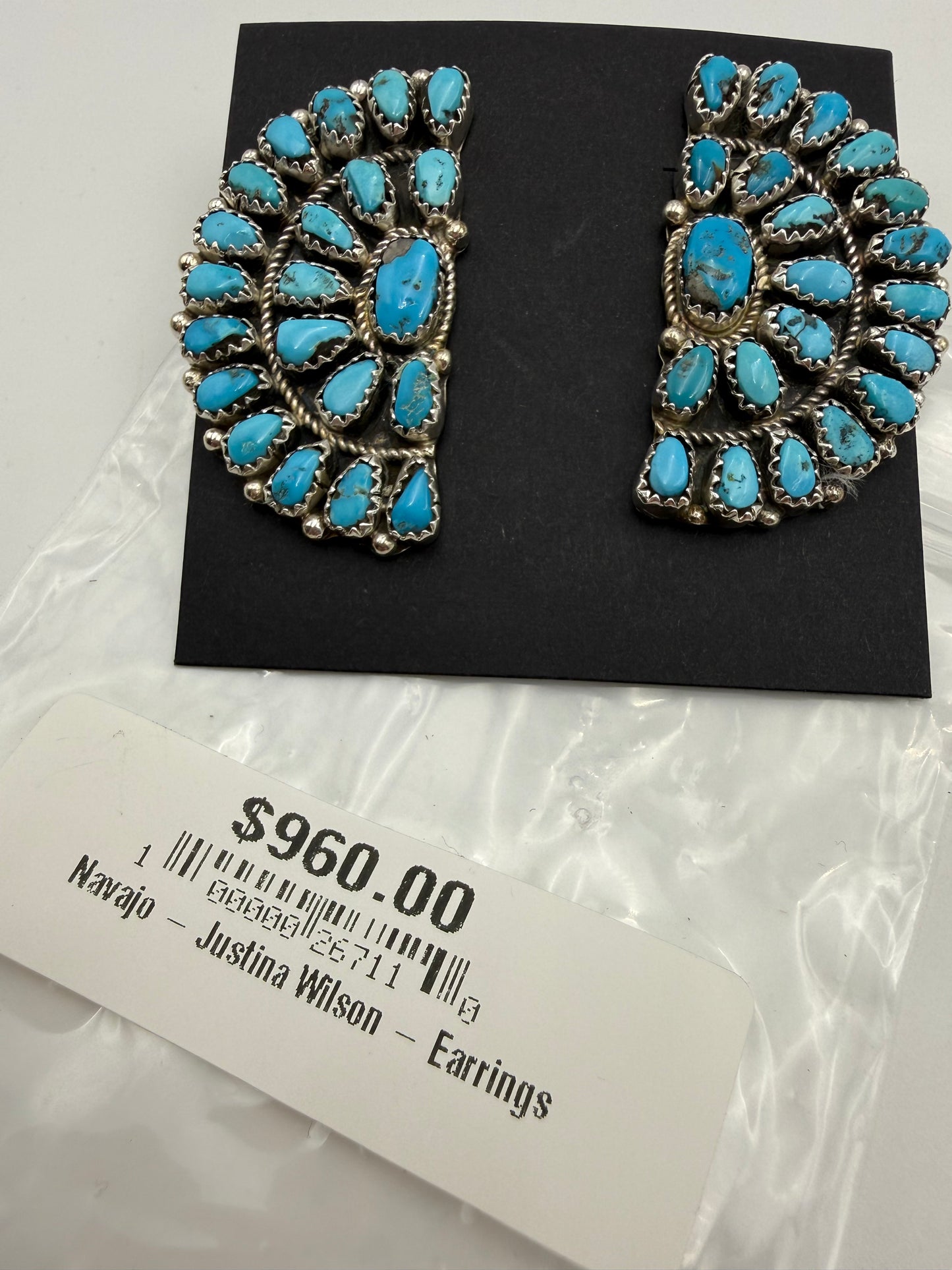 Native Turquoise Huge Half Cluster Sterling Silver Earrings