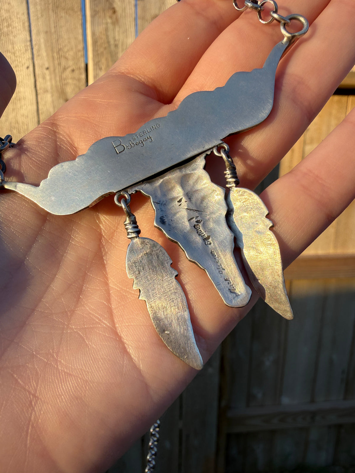 Navajo Orange Spiny Longhorn Feather Bar Sterling Silver Necklace