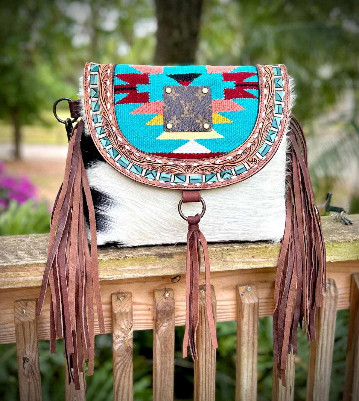 Upcycled LV Cowhide Leather Fringe Crossbody Bag Western