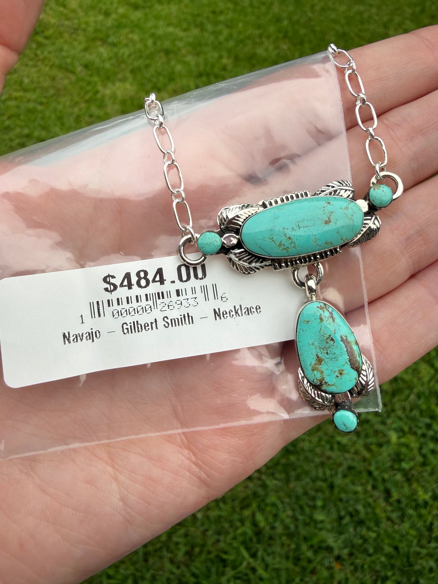 Navajo Turquoise Sterling Silver Lariat Necklace by Gilbert Smith
