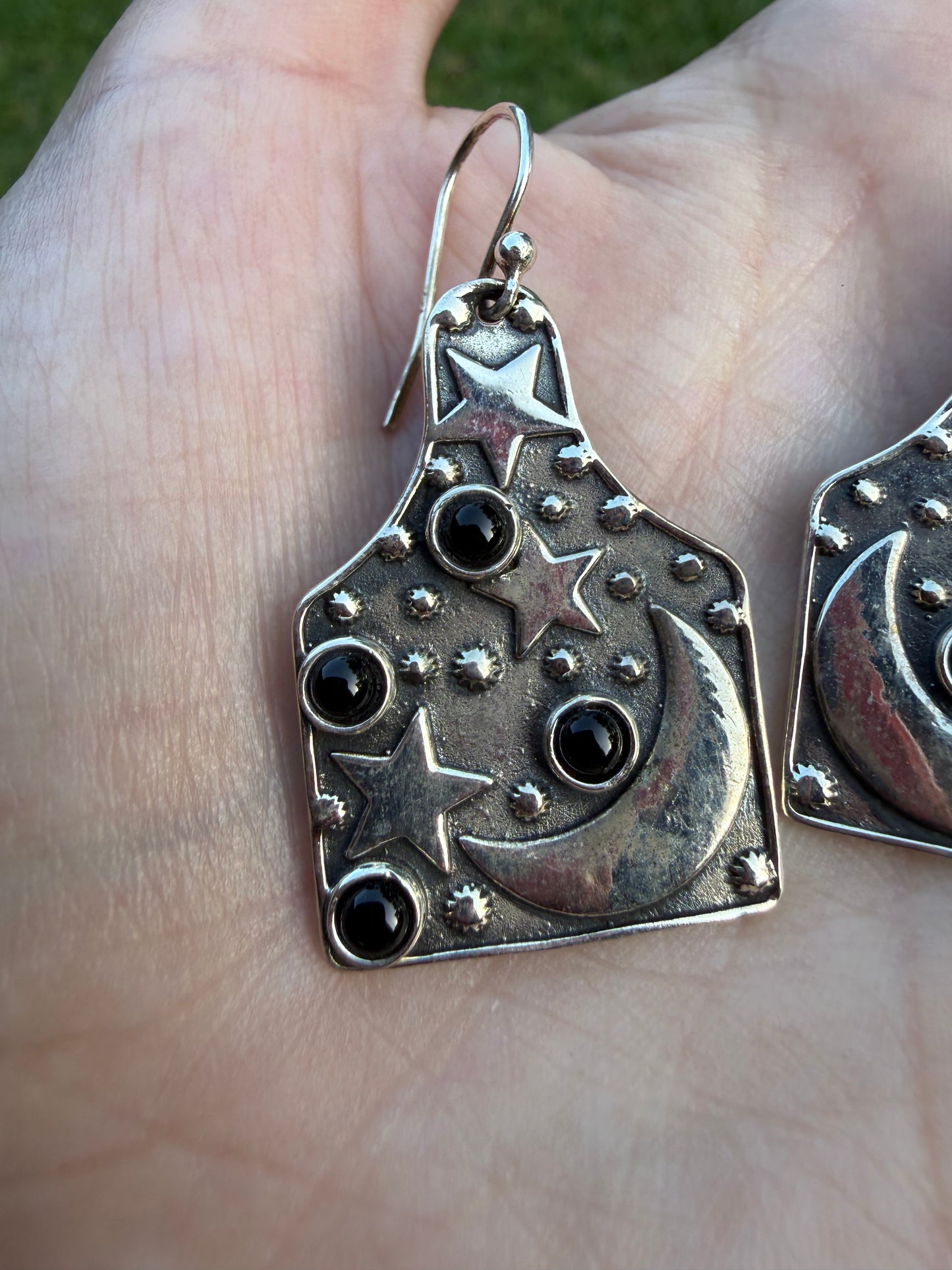 Cow Tag Black Onyx Star and Moon Sterling Silver Earrings