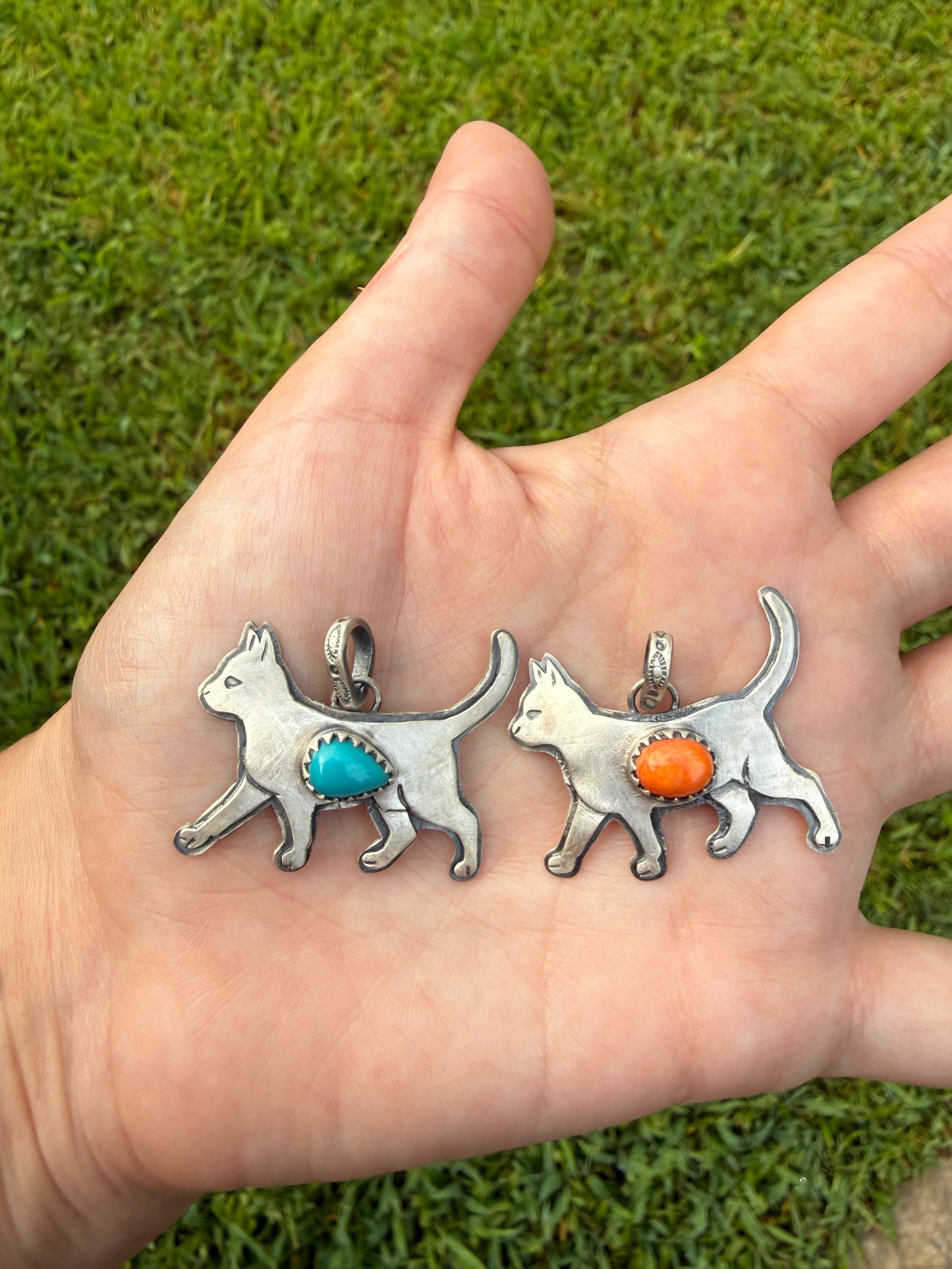 Cat Turquoise or Orange Spiny Sterling Silver Handmade Pendant