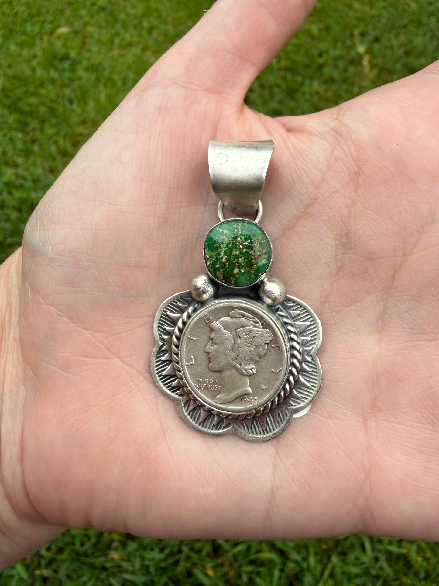 Navajo Liberty Coin Sonoran Gold Turquoise Sterling Silver Pendant
