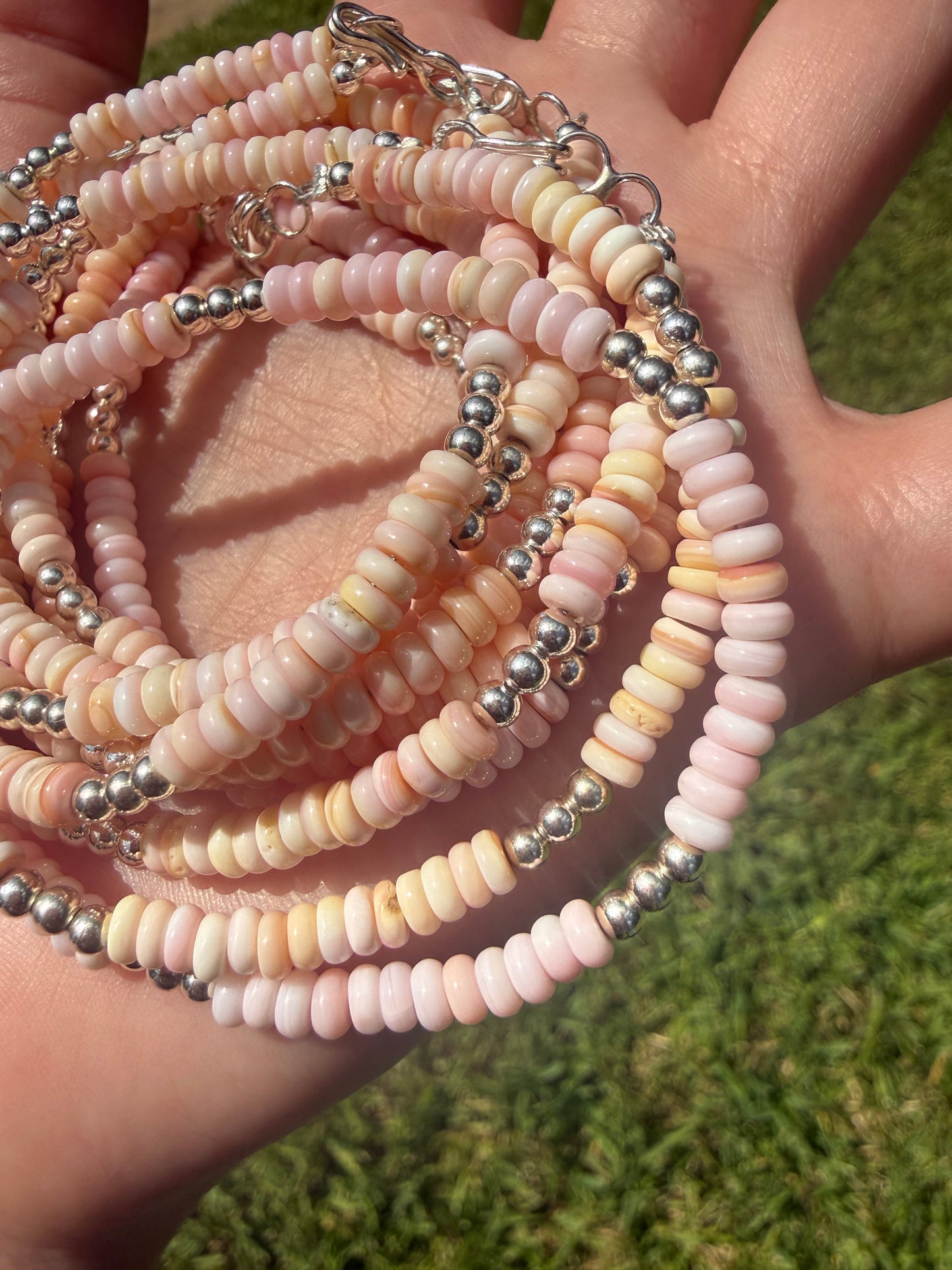 Navajo Strung Pink Conch and Sterling Silver Pearl Bracelet