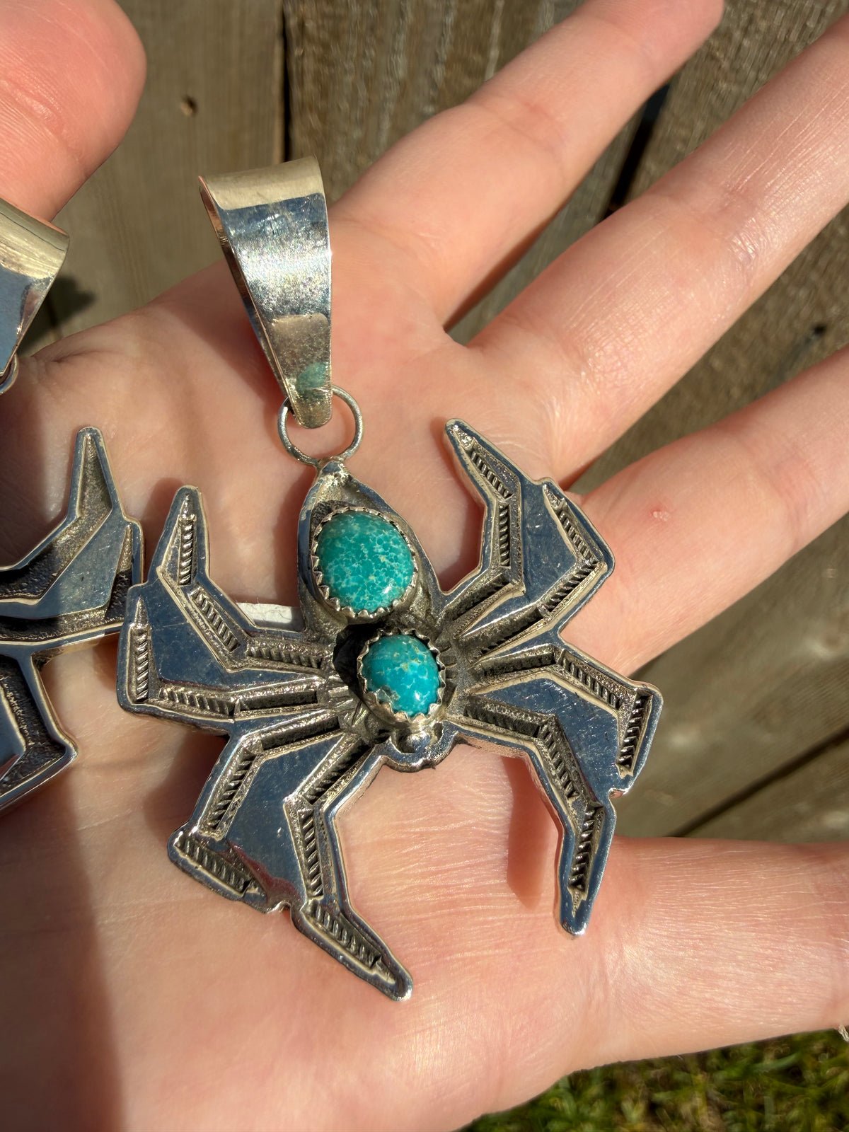 Navajo Spider Double Turquoise Stone Sterling Silver Pendant