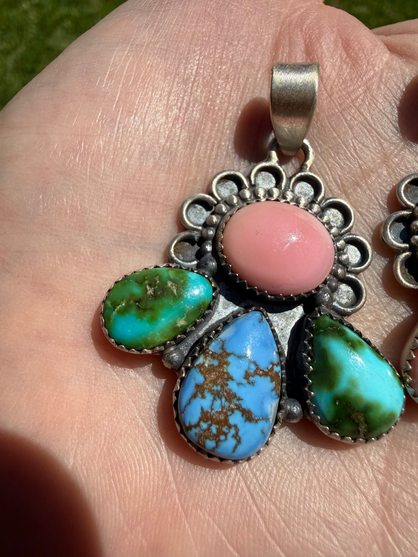 Pink Conch, Golden Hills, Palomino, or Sonoran Gold Turquoise Flower Half Cluster Sterling Silver Pendant