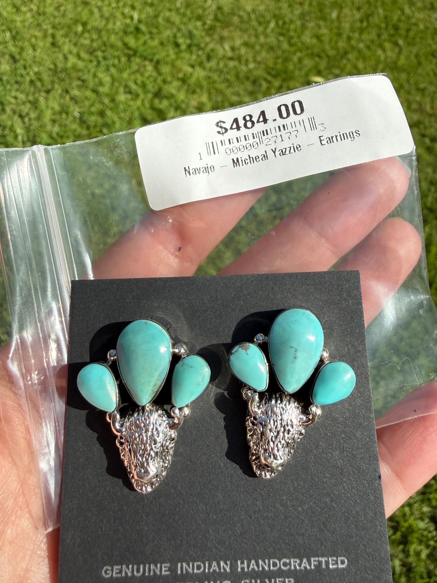 Navajo Buffalo Head Turquoise Cluster Sterling Silver Earrings