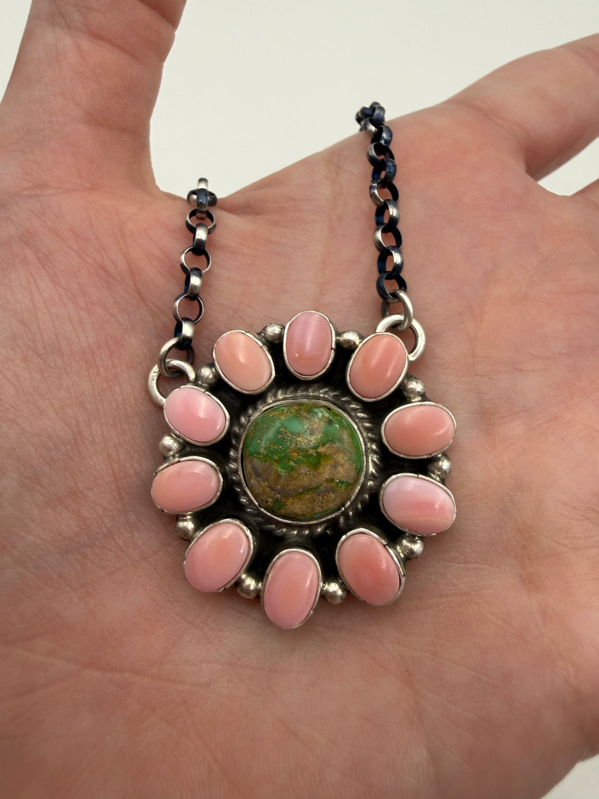 Navajo Sonoran Gold Turquoise and Pink Conch Full Flower Sterling Silver Necklace