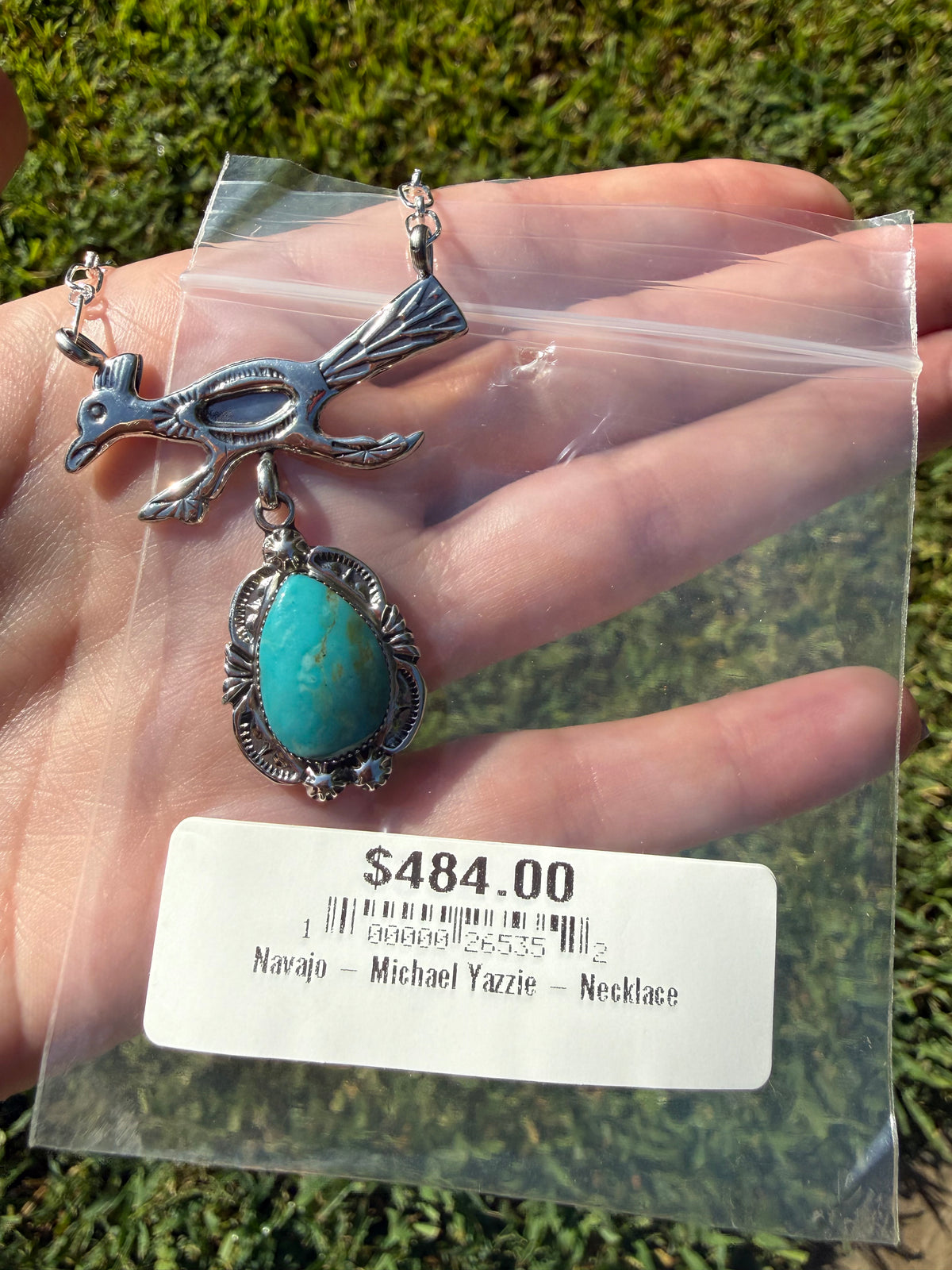 Navajo Roadrunner Turquoise Lariat Sterling Silver Necklace