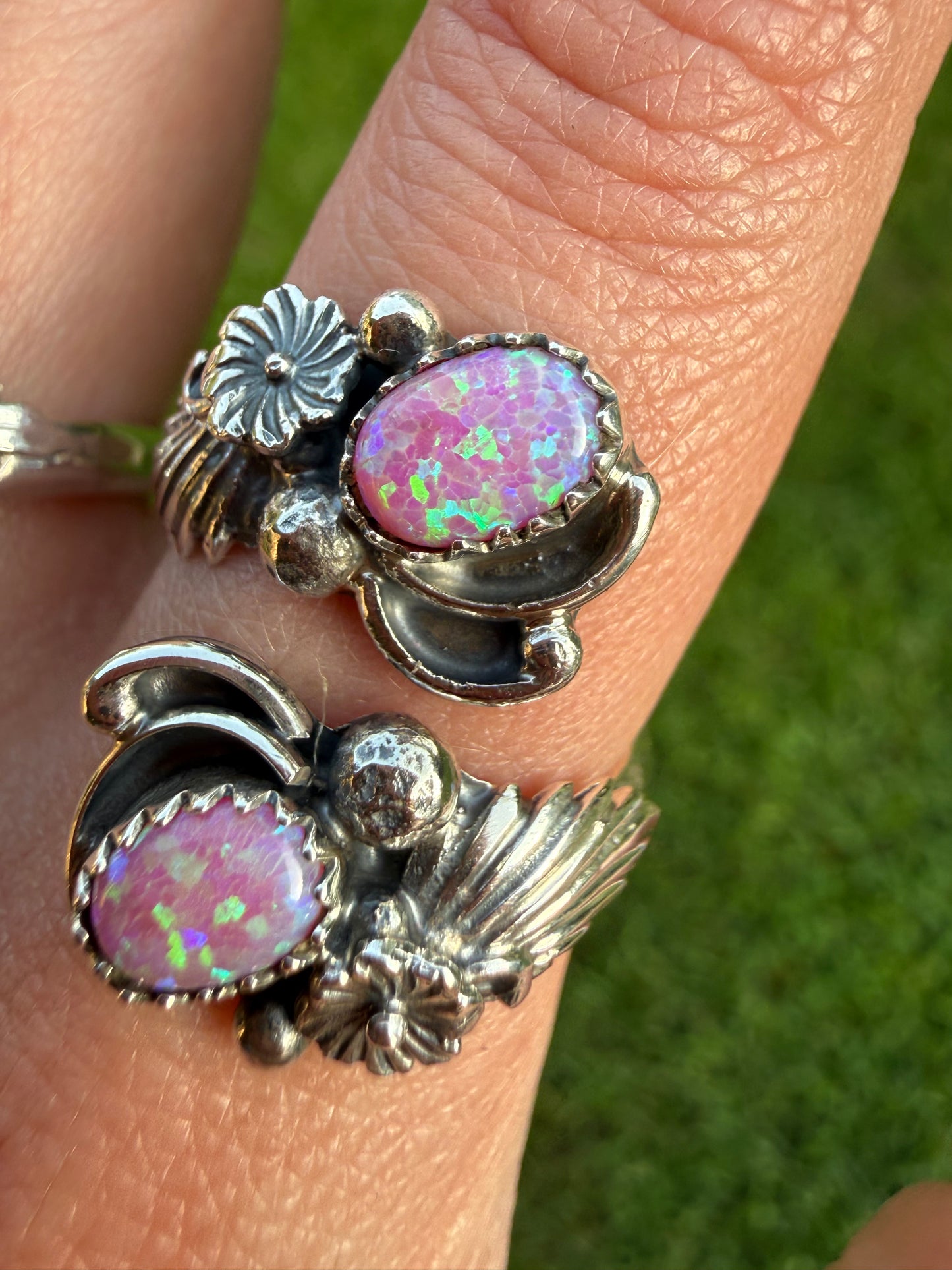 Navajo Pink Balloon Opal Double Stone Flower Accent Sterling Silver Floater Ring